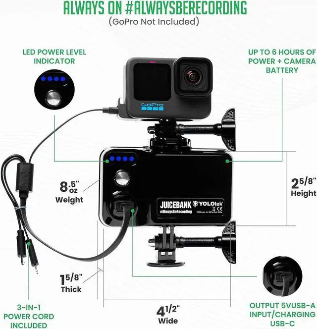 Alt view image 3 of 7 - JUICEBANK 7800mAh - Veteran Owned - Extended Battery for GoPro Hero 12 11 10 9 8 7 6 5, DJI, Mevo - GoPro Accessories External Battery Power Bank - Portable Battery Charger for Action Camera