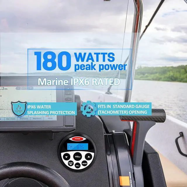 Alt view image 4 of 7 - Boat Marine Stereo Receiver Bluetooth - 45 x 4 Watts Audio AM FM Gauge Waterproof Radio Tuner Streaming for Boats Golf Cart ATV UTV and Spa Hot Tubs GR304