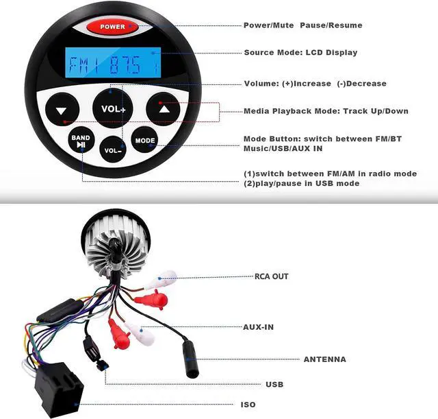 Alt view image 6 of 7 - Boat Marine Stereo Receiver Bluetooth - 45 x 4 Watts Audio AM FM Gauge Waterproof Radio Tuner Streaming for Boats Golf Cart ATV UTV and Spa Hot Tubs GR304