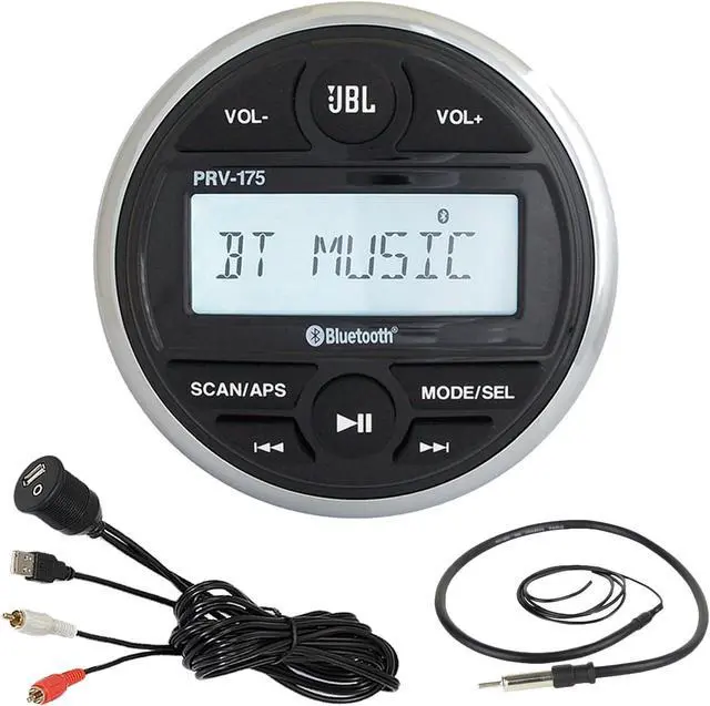 Main image of PRV-175 Gauge Style Marine Boat Cycle Digital Media Bluetooth Receiver Bundle Combo with Enrock USB 3.5MM AUX to RCA Interface Mount Cable + Enrock 22" Wired Radio Antenna