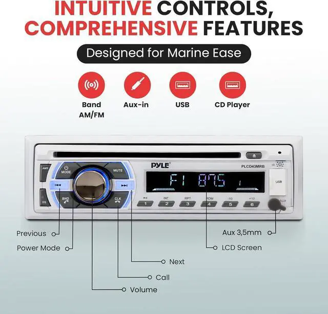 Alt view image 6 of 7 - Boat Bluetooth Marine Stereo Receiver - Marine Head Unit Din Single Stereo Speaker Receiver - Wireless Music Streaming/Hands-Free Calling/CD Player/MP3/USB/AUX/ marine AM FM Radio -PLCD43MRB