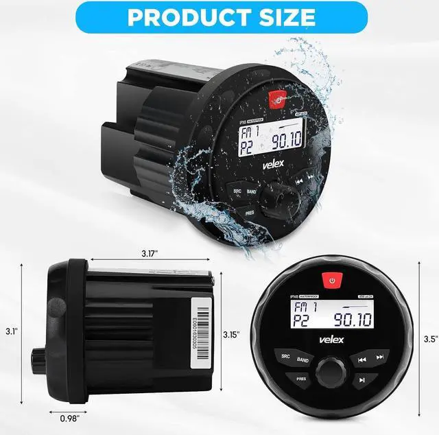 Alt view image 4 of 7 - Marine Stereo Bluetooth Boat Stereo Gauge Style Round Stereo System Boat Radio