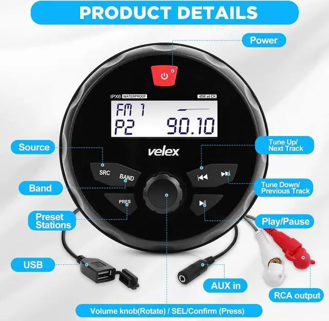Alt view image 3 of 7 - Marine Stereo Bluetooth Boat Stereo Gauge Style Round Stereo System Boat Radio