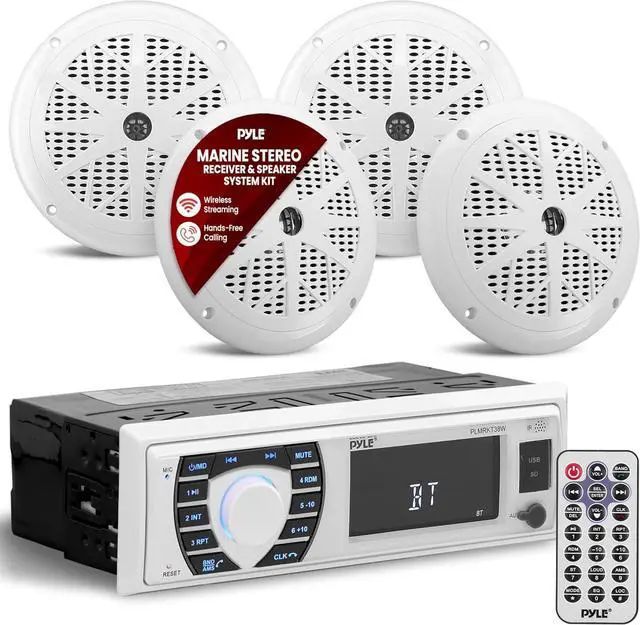 Main image of Marine Radio Receiver Speaker Set 12v Single Din Style Bluetooth Compatible Waterproof Digital Boat In Dash Console System with Mic 4 Speakers, Remote Control, Wiring Harness PLMRKT38W (White)