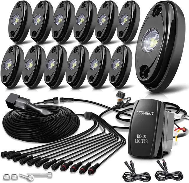 Main image of R1 Pure White LED Rock Lights Kit with Roker Switch Wire Harness 12PCS High Power Rock Lights White for Trucks Off Road ATV UTV SUV Underglow Trail Rig Lights Under Body Waterproof Light