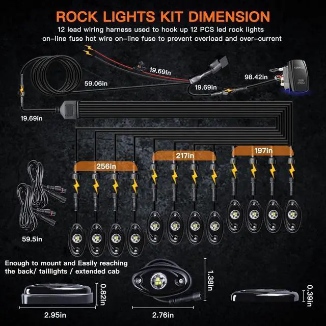 Alt view image 6 of 7 - R1 Pure White LED Rock Lights Kit with Roker Switch Wire Harness 12PCS High Power Rock Lights White for Trucks Off Road ATV UTV SUV Underglow Trail Rig Lights Under Body Waterproof Light