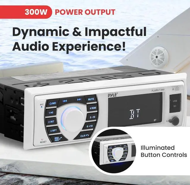 Alt view image 3 of 7 - Marine Radio Receiver Speaker Set 12v Single Din Style Bluetooth Compatible Waterproof Digital Boat In Dash Console System with Mic 4 Speakers, Remote Control, Wiring Harness PLMRKT38W (White)