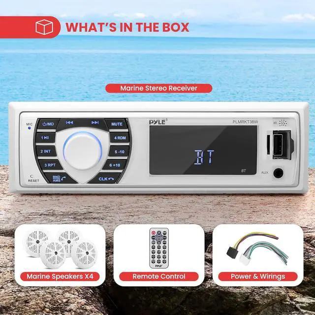 Alt view image 6 of 7 - Marine Radio Receiver Speaker Set 12v Single Din Style Bluetooth Compatible Waterproof Digital Boat In Dash Console System with Mic 4 Speakers, Remote Control, Wiring Harness PLMRKT38W (White)
