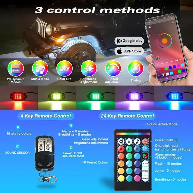 Alt view image 2 of 7 - 8Pods RGB LED Rock Lights with APP/RF Remote Control, Underglow Lights Multi Zone Neon Exterior Lights Multicolor 12v Waterproof for Trucks Accessories Jeep UTV SUV ATV Golf Cart Offroad