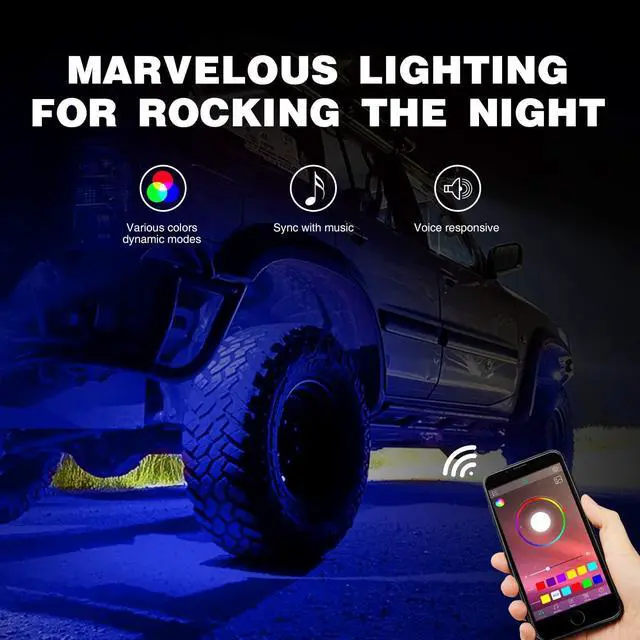 Alt view image 2 of 6 - RGB LED Rock Lights Kit 8 pods Underglow Multicolor Neon Light Pod with Bluetooth App Control Timing Function Flashing Music Mode IP68 Exterior Wheel Well Light for ATV UTV