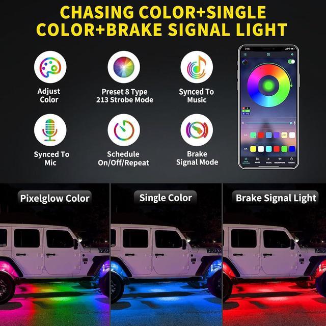 Alt view image 3 of 7 - 8 Pods Full Angle RGB Rock Lights Compatible with Trucks Jeep UTV SUV ATV Boat Golf Cart, Waterproof Multi-Color, App/Remote Control Led Rock Lights with Music Mode