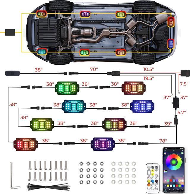Alt view image 6 of 7 - 8 Pods Full Angle RGB Rock Lights Compatible with Trucks Jeep UTV SUV ATV Boat Golf Cart, Waterproof Multi-Color, App/Remote Control Led Rock Lights with Music Mode