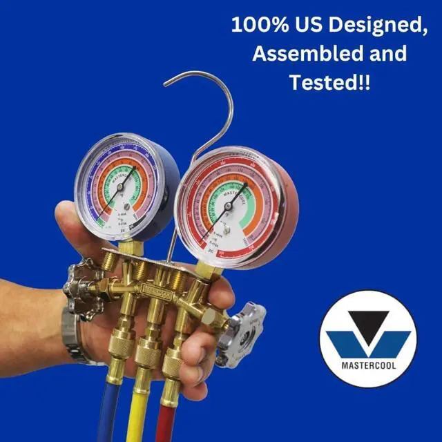 Alt view image 2 of 7 - 59161, Brass R410A, R22, R404A 2-Way Manifold Gauge Set with 3-1/8" Gauges, 3-60" Hoses and Standard 1/4" Fittings