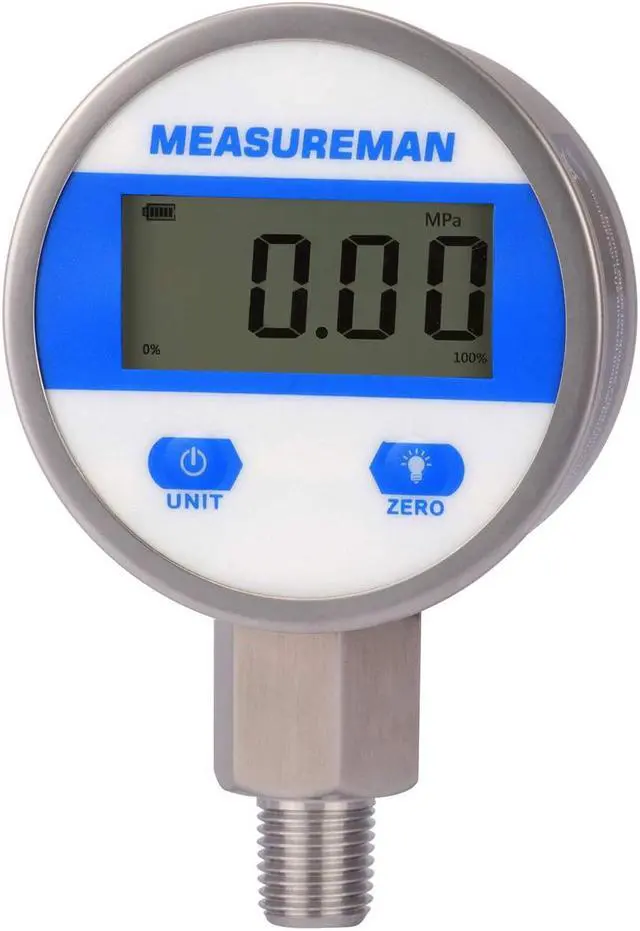 Main image of 2-1/2" dial, Digital Industrial Pressure Gauge with 1/4"NPT Lower Mount, Stainless Steel case and Connection, 0-60psi/bar, 1%,Battery Powered, with LED Light