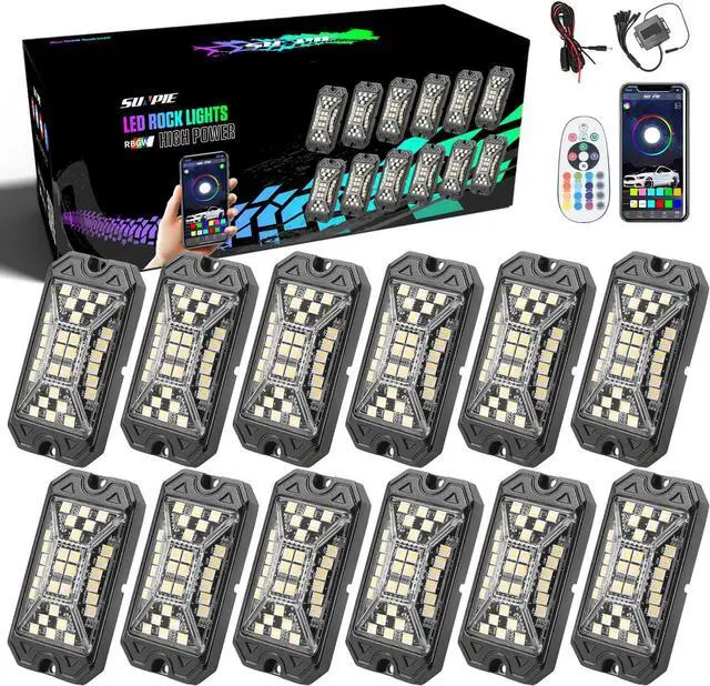 Main image of 12 Pods Full Angle RGBW Rock Lights High Power Aluminium Metal Underglow Lights Wheel Well Lights with Phone App Voice Mode Music Mode for Off Road Truck SUV ATV UTV Boats