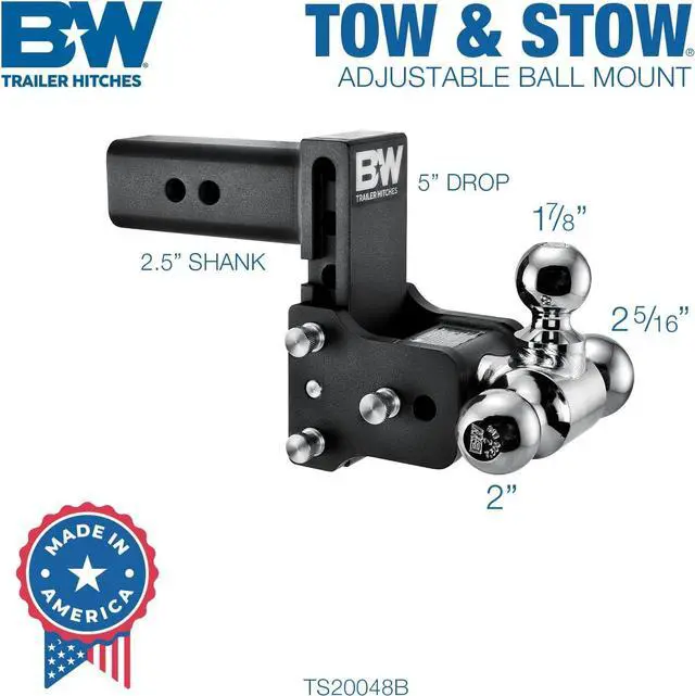 Alt view image 2 of 7 - Trailer Hitches Tow & Stow Adjustable Trailer Hitch Ball Mount - Fits 2.5" Receiver, Tri-Ball (1-7/8" x 2" x 2-5/16"), 5" Drop, 18,000 GTW - TS20048B