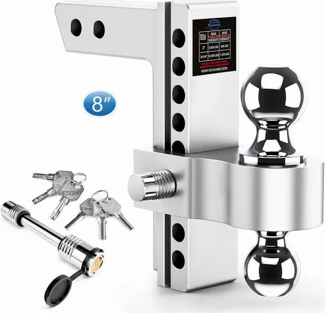 Main image of Adjustable Trailer Hitch, 8 Inch Drop Hitch Ball Mount (Fits 2-Inch Receiver), 12,500 LBS GTW, (2" & 2-5/16") Chrome Plated Steels Balls, Aluminum Tow Hitches with Two Anti-Theft Pins Locks