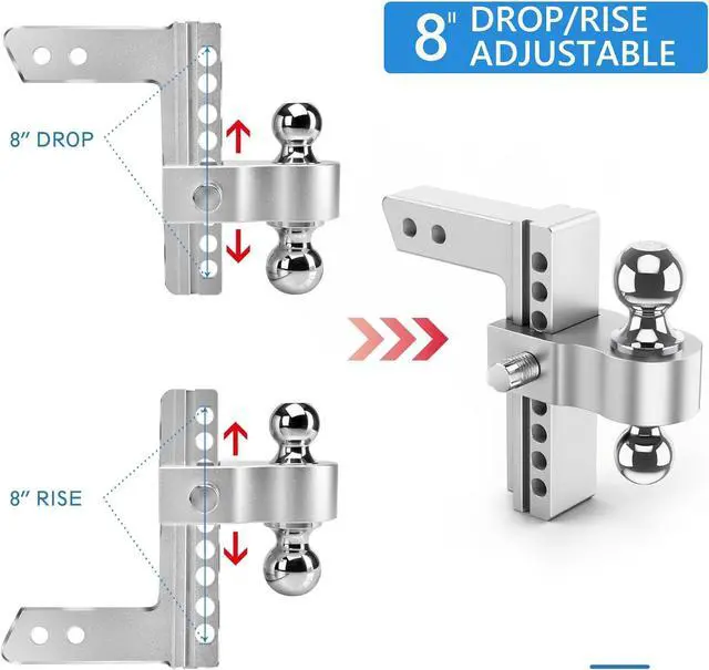 Alt view image 2 of 6 - Adjustable Trailer Hitch, 8 Inch Drop Hitch Ball Mount (Fits 2-Inch Receiver), 12,500 LBS GTW, (2" & 2-5/16") Chrome Plated Steels Balls, Aluminum Tow Hitches with Two Anti-Theft Pins Locks