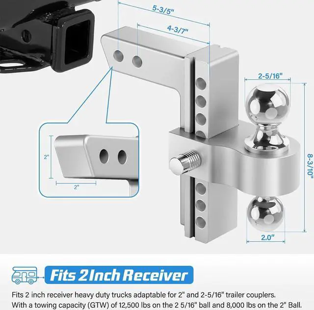 Alt view image 3 of 6 - Adjustable Trailer Hitch, 8 Inch Drop Hitch Ball Mount (Fits 2-Inch Receiver), 12,500 LBS GTW, (2" & 2-5/16") Chrome Plated Steels Balls, Aluminum Tow Hitches with Two Anti-Theft Pins Locks