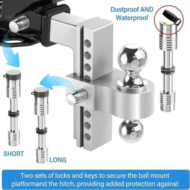 Alt view image 4 of 6 - Adjustable Trailer Hitch, 8 Inch Drop Hitch Ball Mount (Fits 2-Inch Receiver), 12,500 LBS GTW, (2" & 2-5/16") Chrome Plated Steels Balls, Aluminum Tow Hitches with Two Anti-Theft Pins Locks