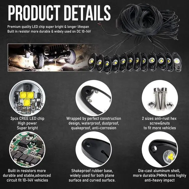 Alt view image 3 of 7 - White Led Rock Lights Kit, 12 Pods Underglow Light for Jeep Offroad Truck Car ATV SUV Boat Motorcycle Vehicle Under Body Glow Light Lamp Trail Fender Lighting (12pods Rock W)