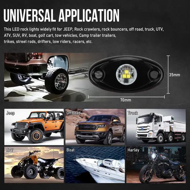 Alt view image 6 of 7 - White Led Rock Lights Kit, 12 Pods Underglow Light for Jeep Offroad Truck Car ATV SUV Boat Motorcycle Vehicle Under Body Glow Light Lamp Trail Fender Lighting (12pods Rock W)