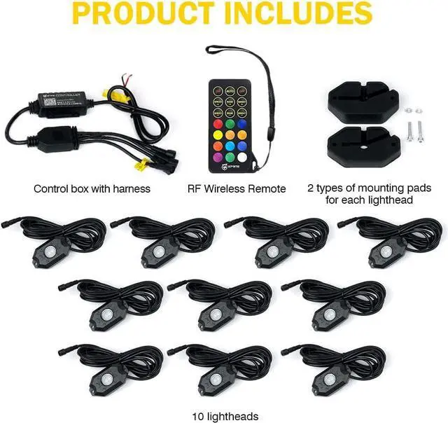 Alt view image 6 of 7 - RGBW LED Rock Lights Kit with Bluetooth & Wireless Remote Controller, Multicolor Cars Underglow, Wheel, Footwell Neon Light Kits, for Off-Road UTV ATV Trucks SUV Motorcycle Boats - 10 Pods