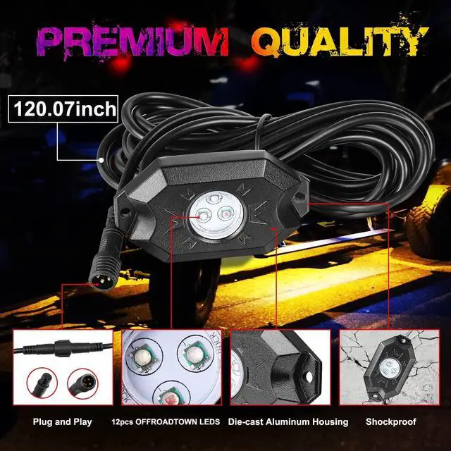 Alt view image 4 of 7 - OFFROADTOWN RGB LED Rock Lights Kit 8 pods Underglow Multicolor Neon Light Pod with Bluetooth App Control IP68 Exterior Wheel Well Light for Pickup Tundra Dodge GMC UTV Truck