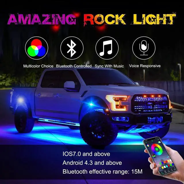 Alt view image 7 of 7 - OFFROADTOWN RGB LED Rock Lights Kit 8 pods Underglow Multicolor Neon Light Pod with Bluetooth App Control IP68 Exterior Wheel Well Light for Pickup Tundra Dodge GMC UTV Truck