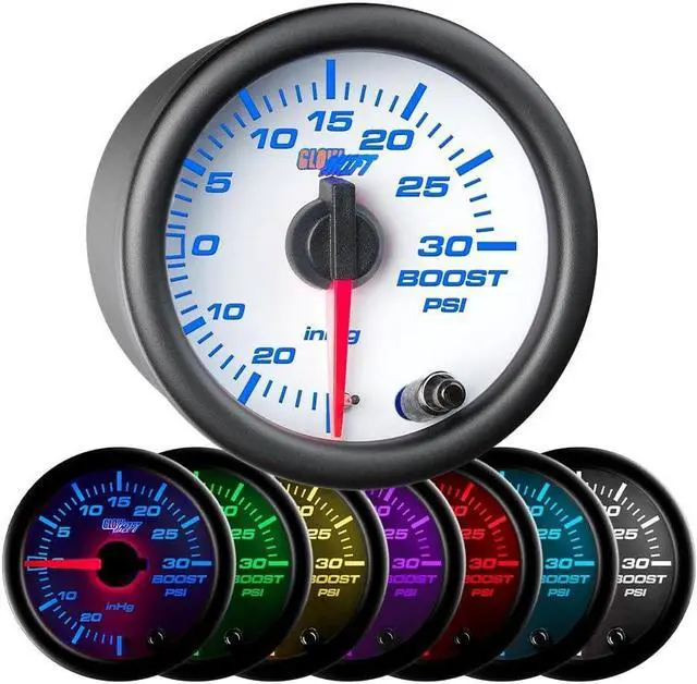 Main image of White 7 Color 30 PSI Turbo Boost/Vacuum Gauge Kit - includes Mechanical Hose & T-Fitting - White Dial - Clear Lens - for Car & Truck - 2-1/16" 52mm