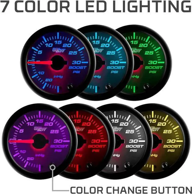 Alt view image 4 of 6 - White 7 Color 30 PSI Turbo Boost/Vacuum Gauge Kit - includes Mechanical Hose & T-Fitting - White Dial - Clear Lens - for Car & Truck - 2-1/16" 52mm
