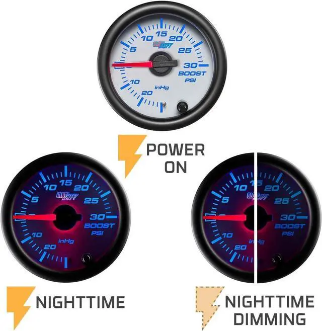 Alt view image 5 of 6 - White 7 Color 30 PSI Turbo Boost/Vacuum Gauge Kit - includes Mechanical Hose & T-Fitting - White Dial - Clear Lens - for Car & Truck - 2-1/16" 52mm