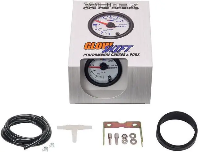 Alt view image 6 of 6 - White 7 Color 30 PSI Turbo Boost/Vacuum Gauge Kit - includes Mechanical Hose & T-Fitting - White Dial - Clear Lens - for Car & Truck - 2-1/16" 52mm