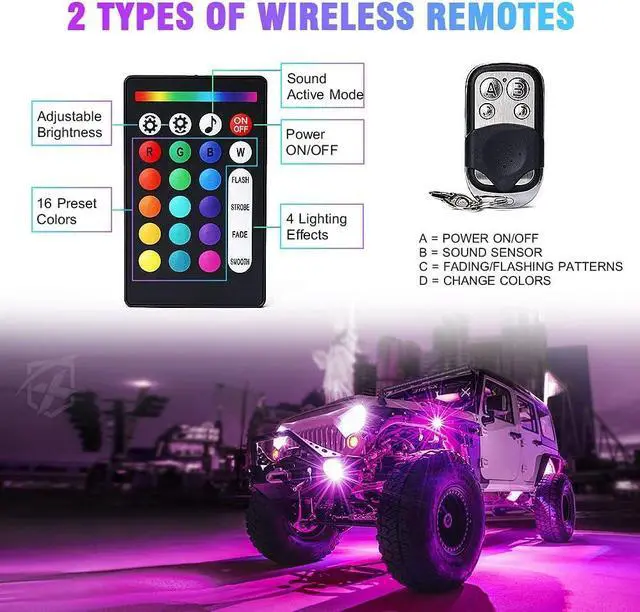 Alt view image 4 of 7 - 8 Pods Rock Lights Wide Angle Bluetooth RGB Rocklights, Multicolor Neon Lighting Footwell Underglow Kits w/Wireless Remote, Compatible Jeep UTV ATV SUV RZR Off-Road Trucks Cars Boats