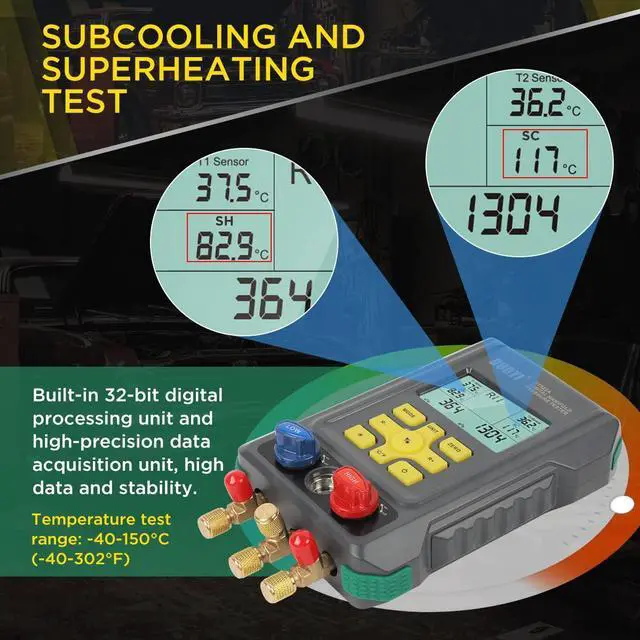 Alt view image 4 of 7 - Digital Gauges HVAC Gauges with Hoses 93 Refrigerants Digital Manifold Gauges HVAC Tools HVAC Manifold Gauge Set AC Gauges Kit Refrigerant Gauges R134A 1234YF R22 R12 R404A R410A Refrigeration Gauges
