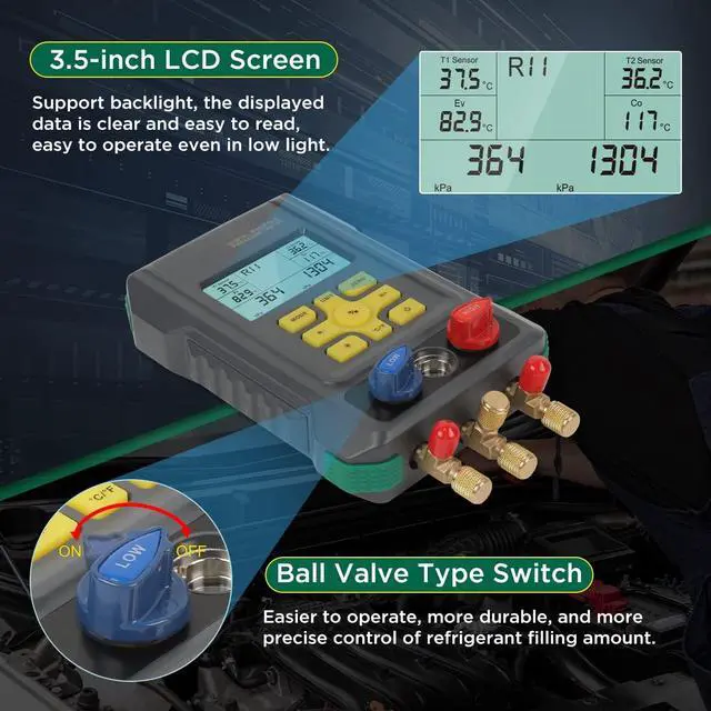 Alt view image 6 of 7 - Digital Gauges HVAC Gauges with Hoses 93 Refrigerants Digital Manifold Gauges HVAC Tools HVAC Manifold Gauge Set AC Gauges Kit Refrigerant Gauges R134A 1234YF R22 R12 R404A R410A Refrigeration Gauges