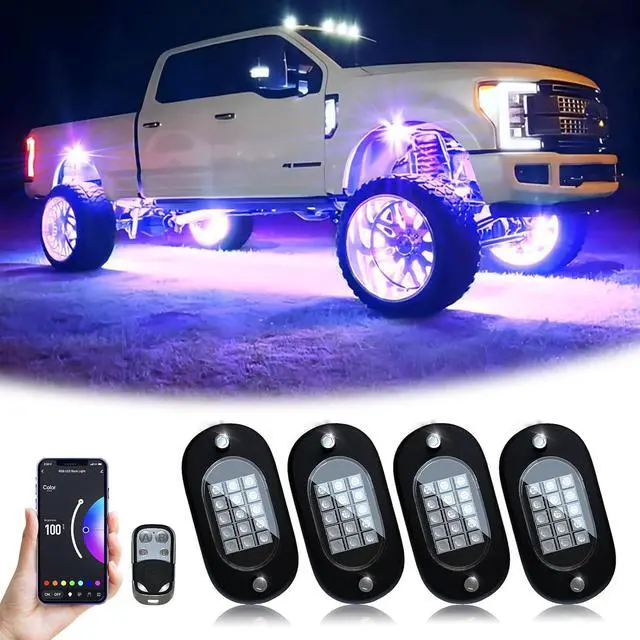 Main image of YiLaie RGB LED Rock Lights, 60 LEDs High Brightness Multifunction Neon underglow Kit Waterproof Light with APP/RF Control Multicolor Lights for ATV RZR UTV SUV Off Road Car, DC 12V (4 Pods)