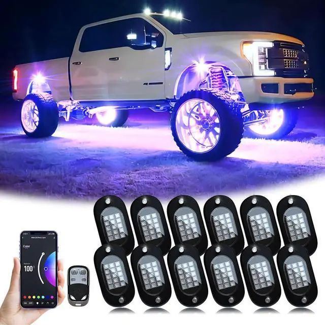 Main image of RGB LED Rock Lights, 180 LEDs Lights with Phone App/Remote Control & Timing & Music Mode Rock Lights Kits, Waterproof Underglow Light for ATV RZR UTV SUV Off Road AUTO Motorcycle (12 Pods)