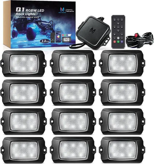 Main image of Q1 RGBW LED Rock Lights, 12 Pods Underglow Multicolor Neon Light w/Wiring Switch Kit, Bluetooth App Controller & Remote Control Flashing Music Mode Wheel Well Light for Truck ATV UTV RZR SUV