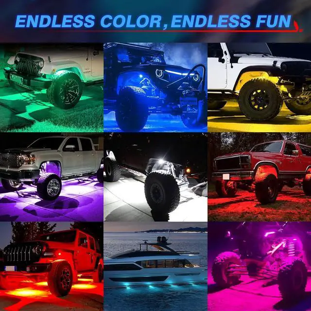 Alt view image 3 of 7 - Q1 RGBW LED Rock Lights, 8 Pods Underglow Multicolor Neon Light w/Wiring Switch Kit, Bluetooth App Controller & Remote Control Flashing Music Mode Wheel Well Light for Truck ATV UTV RZR SUV