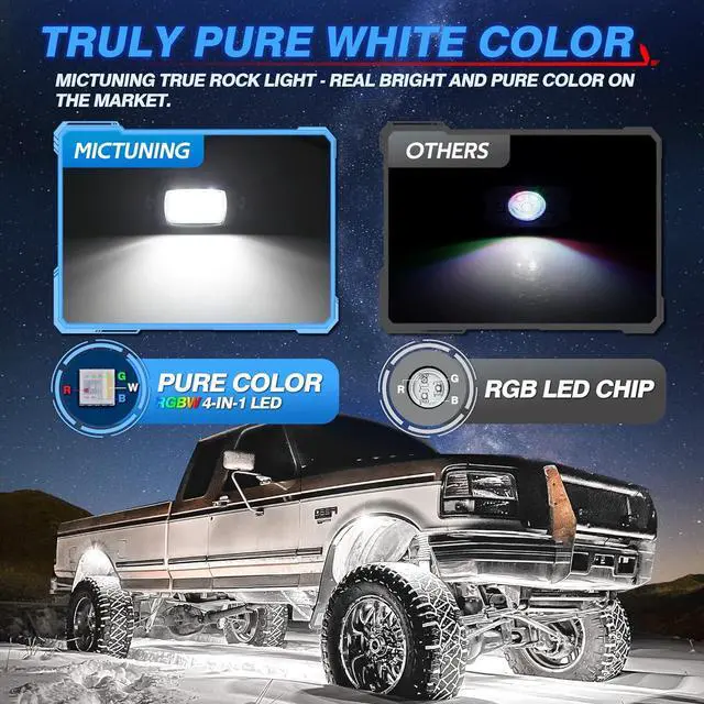 Alt view image 4 of 7 - Q1 RGBW LED Rock Lights, 8 Pods Underglow Multicolor Neon Light w/Wiring Switch Kit, Bluetooth App Controller & Remote Control Flashing Music Mode Wheel Well Light for Truck ATV UTV RZR SUV