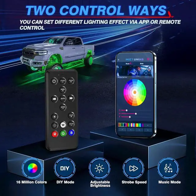 Alt view image 5 of 7 - Q1 RGBW LED Rock Lights, 8 Pods Underglow Multicolor Neon Light w/Wiring Switch Kit, Bluetooth App Controller & Remote Control Flashing Music Mode Wheel Well Light for Truck ATV UTV RZR SUV