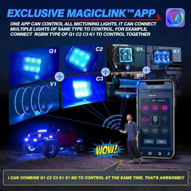 Alt view image 6 of 7 - Q1 RGBW LED Rock Lights, 12 Pods Underglow Multicolor Neon Light w/Wiring Switch Kit, Bluetooth App Controller & Remote Control Flashing Music Mode Wheel Well Light for Truck ATV UTV RZR SUV