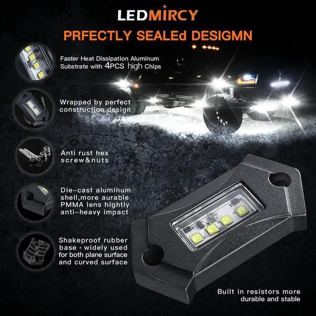 Alt view image 4 of 7 - R3 White LED Rock Lights Kit 16PCS with Switch Wire Harness for Trucks Off Road ATV UTV SUV RZR Pure Underglow White Rock Rock Lights Under Body High Power Waterproof Shockproof