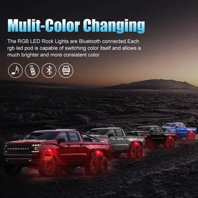 Alt view image 3 of 7 - SUNPIE Rock Lights, Rock Lights for Truck Compatible with Jeep Wrangler UTV ATV Offroad, 8 Pods RGB Universal Underglow Body LED Lights&Color Changing and Waterproof
