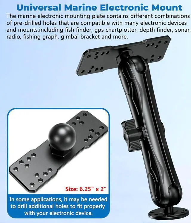 Alt view image 5 of 7 - Aluminum Alloy Fish Finder Mount with C Size 1.5" Ball Rectangle Plate & Round Base, 9.1" Long Arm Marine Electronic Mount Compatible with Garmin, Lowrance, Humminbird, Raymarine and More