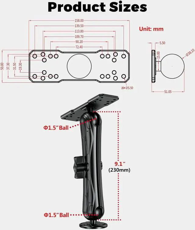 Alt view image 6 of 7 - Aluminum Alloy Fish Finder Mount with C Size 1.5" Ball Rectangle Plate & Round Base, 9.1" Long Arm Marine Electronic Mount Compatible with Garmin, Lowrance, Humminbird, Raymarine and More