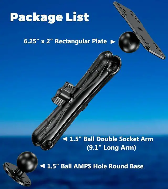 Alt view image 7 of 7 - Aluminum Alloy Fish Finder Mount with C Size 1.5" Ball Rectangle Plate & Round Base, 9.1" Long Arm Marine Electronic Mount Compatible with Garmin, Lowrance, Humminbird, Raymarine and More