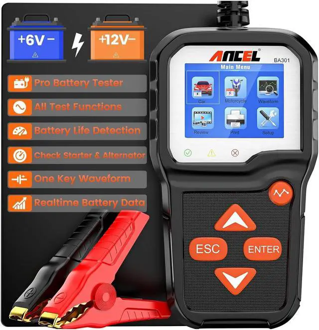 Main image of BA301 6V 12V Car Battery Tester, 100-2000 CCA Automotive Load Tester Alternator Tester Auto Digital Battery Analyzer Cranking and Charging System Test Tool for Motorcycle Car Boat Truck SUV ATV