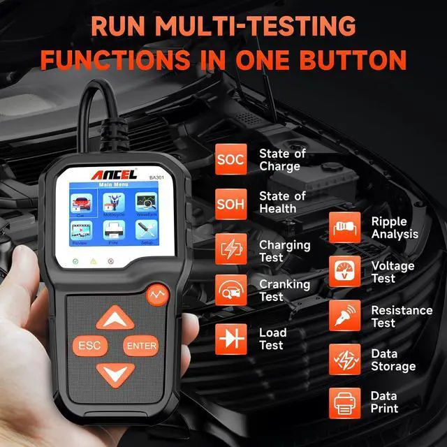 Alt view image 2 of 7 - BA301 6V 12V Car Battery Tester, 100-2000 CCA Automotive Load Tester Alternator Tester Auto Digital Battery Analyzer Cranking and Charging System Test Tool for Motorcycle Car Boat Truck SUV ATV